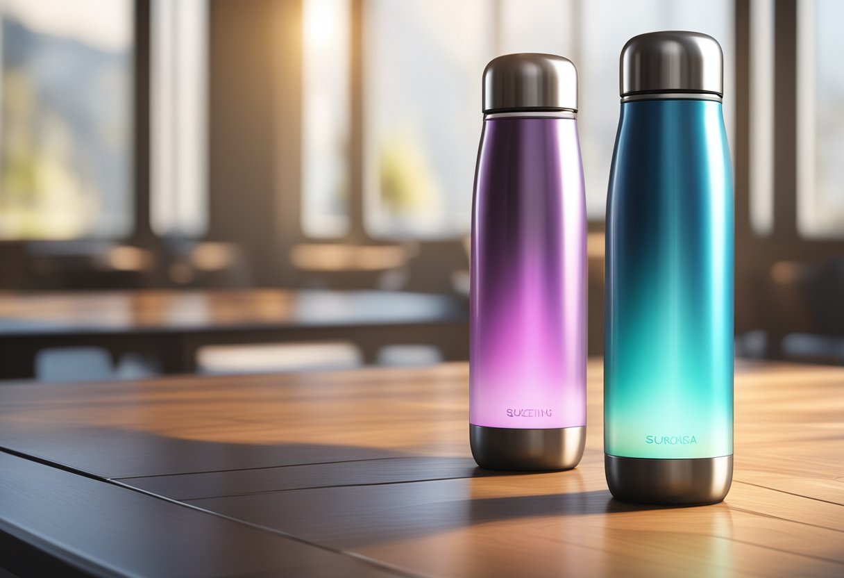 A customised thermal bottle sits on a wooden table in a sunlit room, with condensation forming on its sleek metallic surface