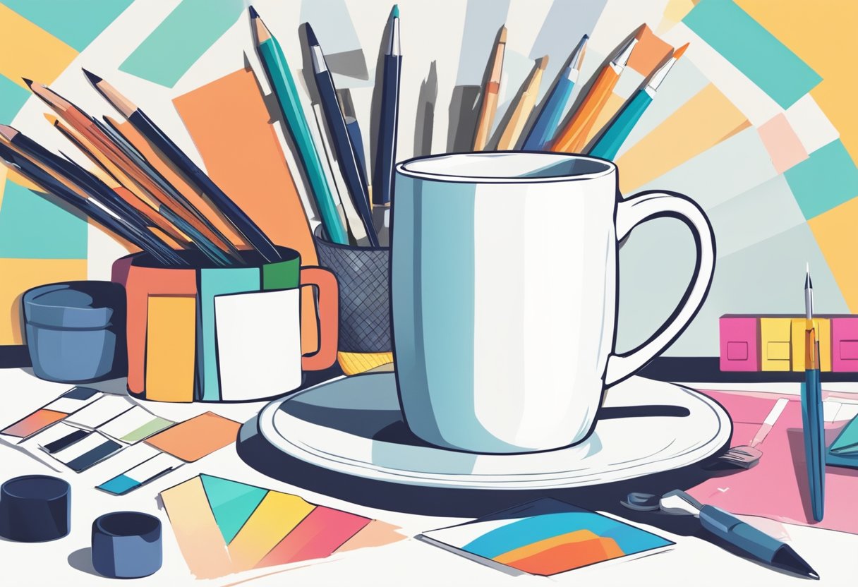 A hand reaches for a blank white mug, surrounded by various design tools and color swatches. The mug sits on a clean, well-lit table, ready to be customized