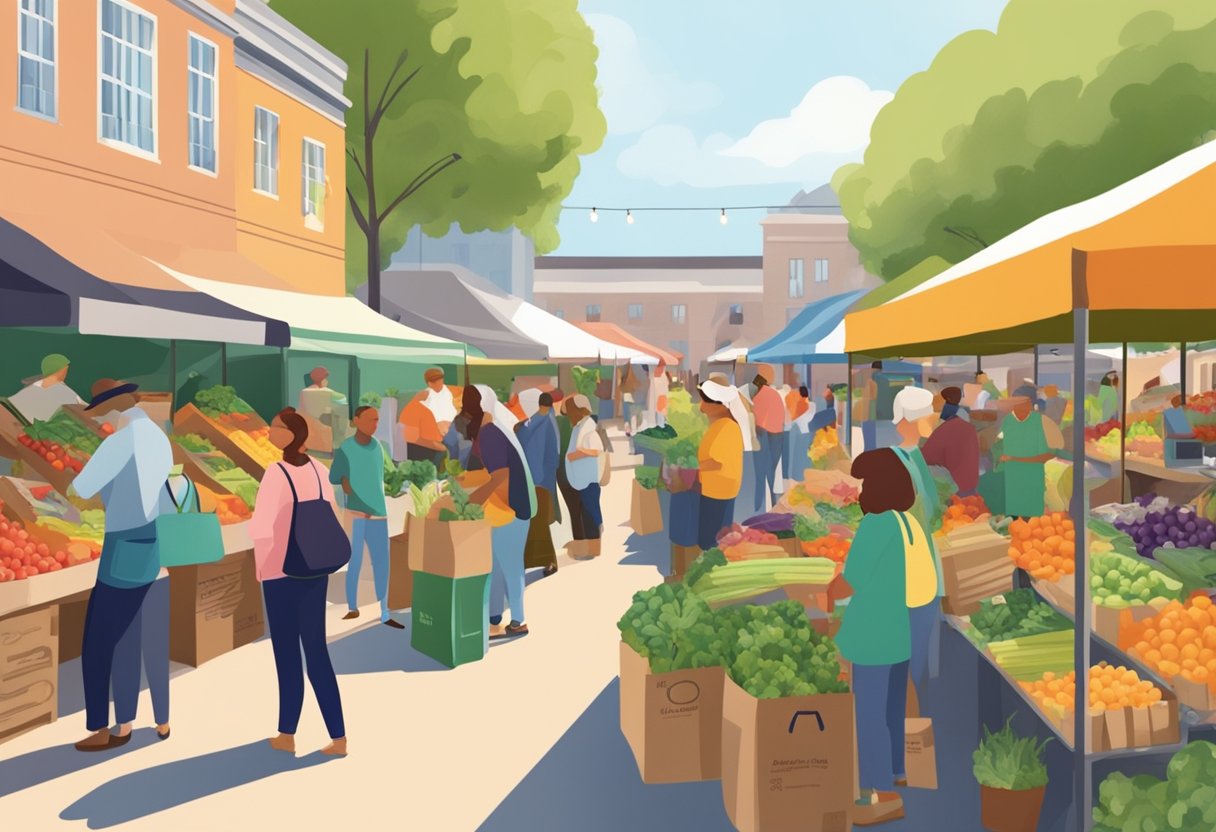A bustling farmer's market with people using custom recycled shopping bags. Fresh produce and artisan goods fill the bags as customers chat and browse