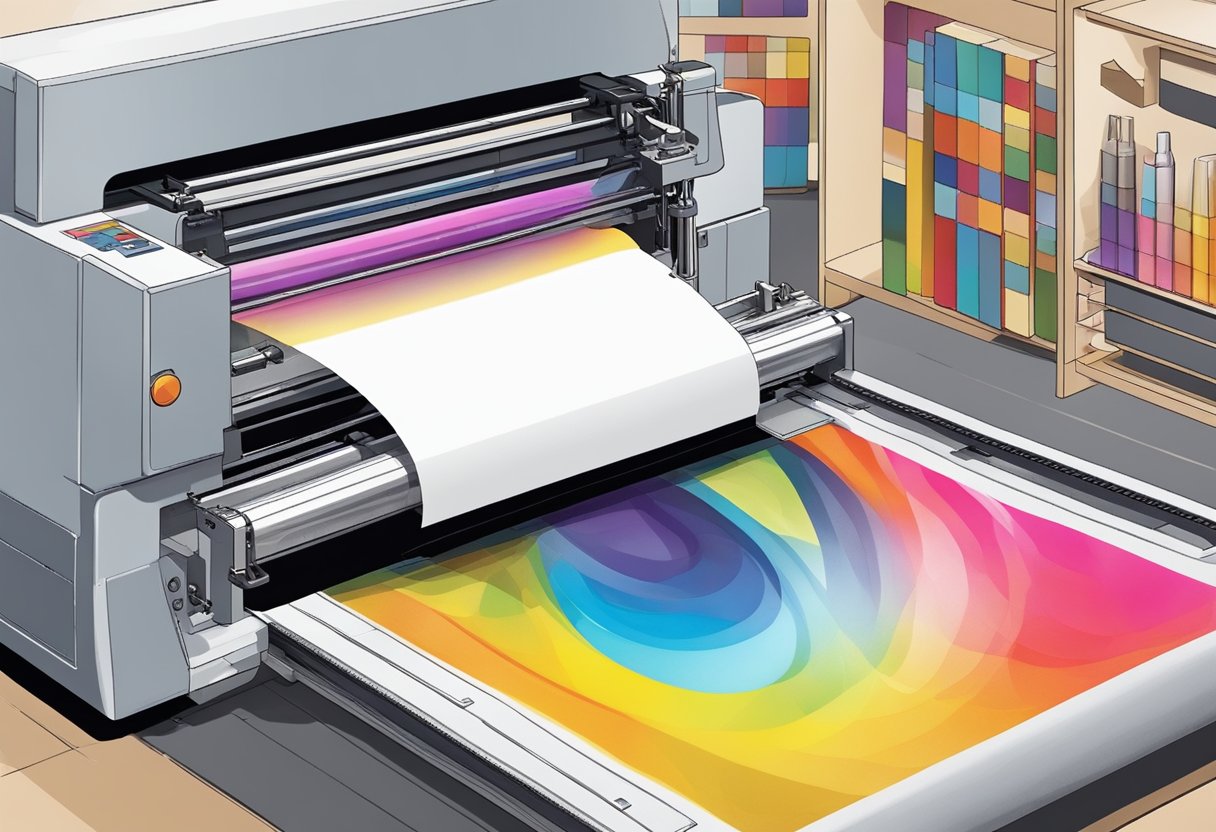 A printing machine applies ink onto a non-woven bag, creating a colorful design
