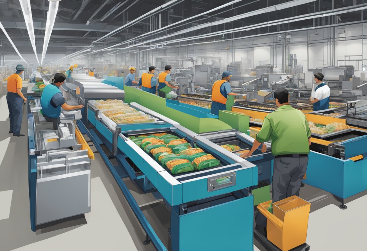 Machines assemble and print custom recycled shopping bags in a bustling factory, with conveyor belts and workers overseeing the process