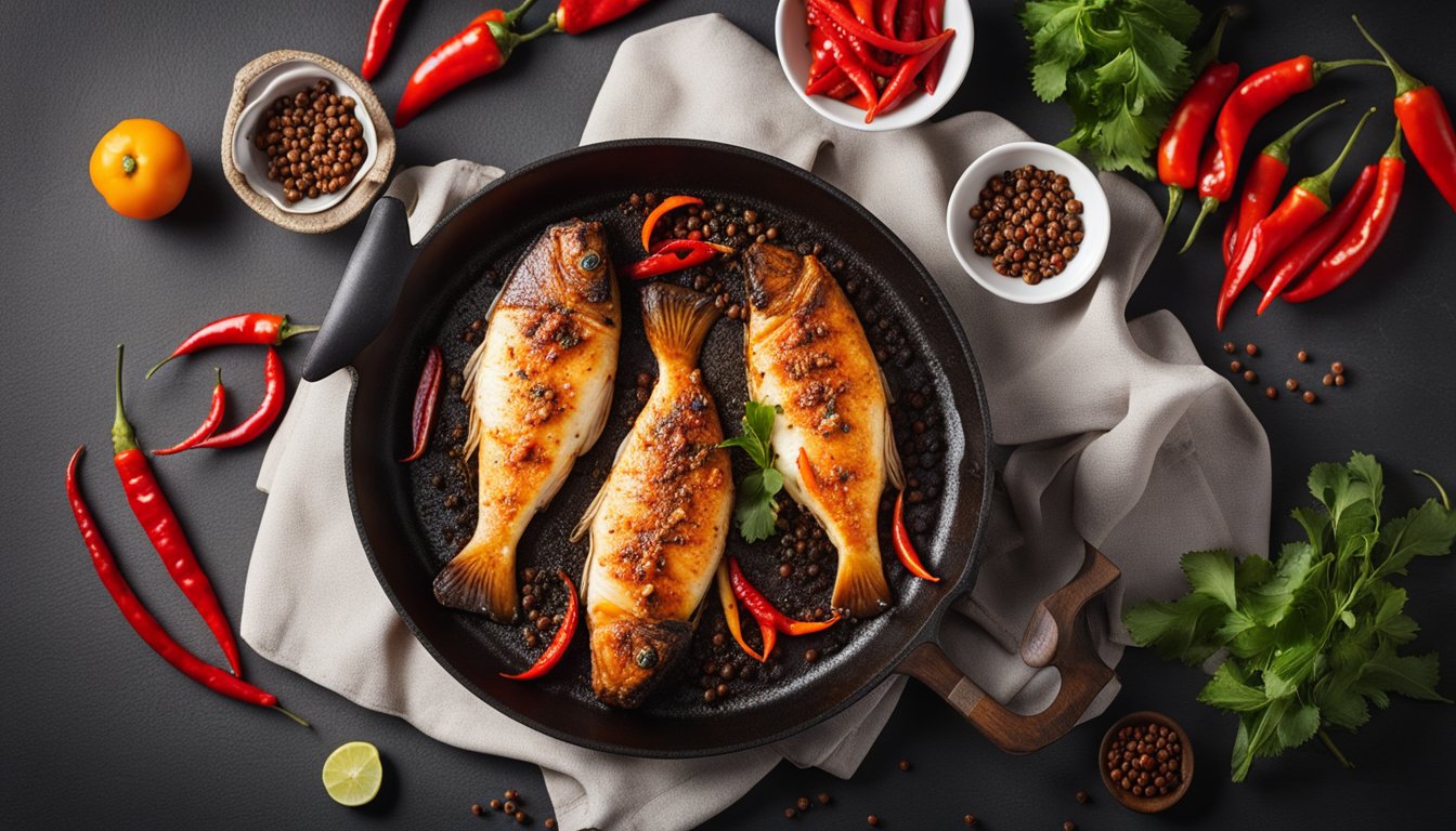 A sizzling hot plate with spicy roast fish, surrounded by vibrant red chili peppers and fragrant Sichuan peppercorns