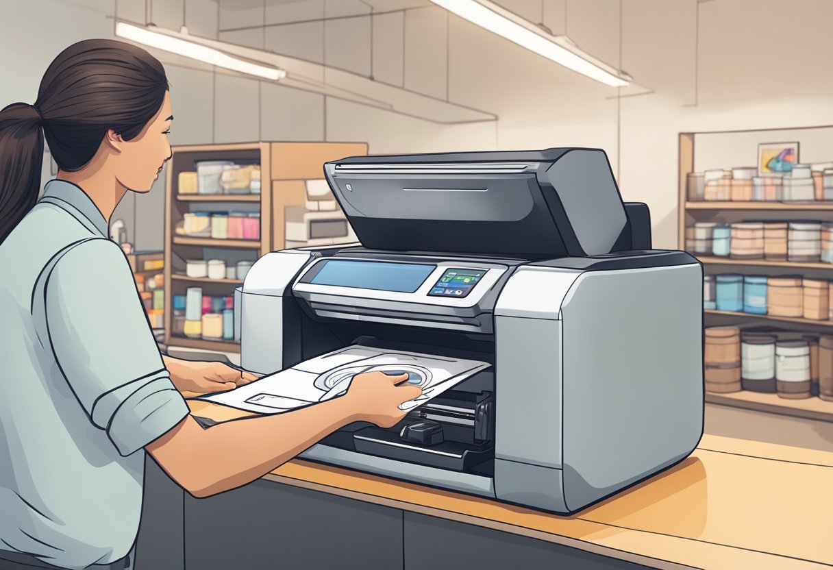 A printer producing custom-designed mugs while a customer selects and purchases one