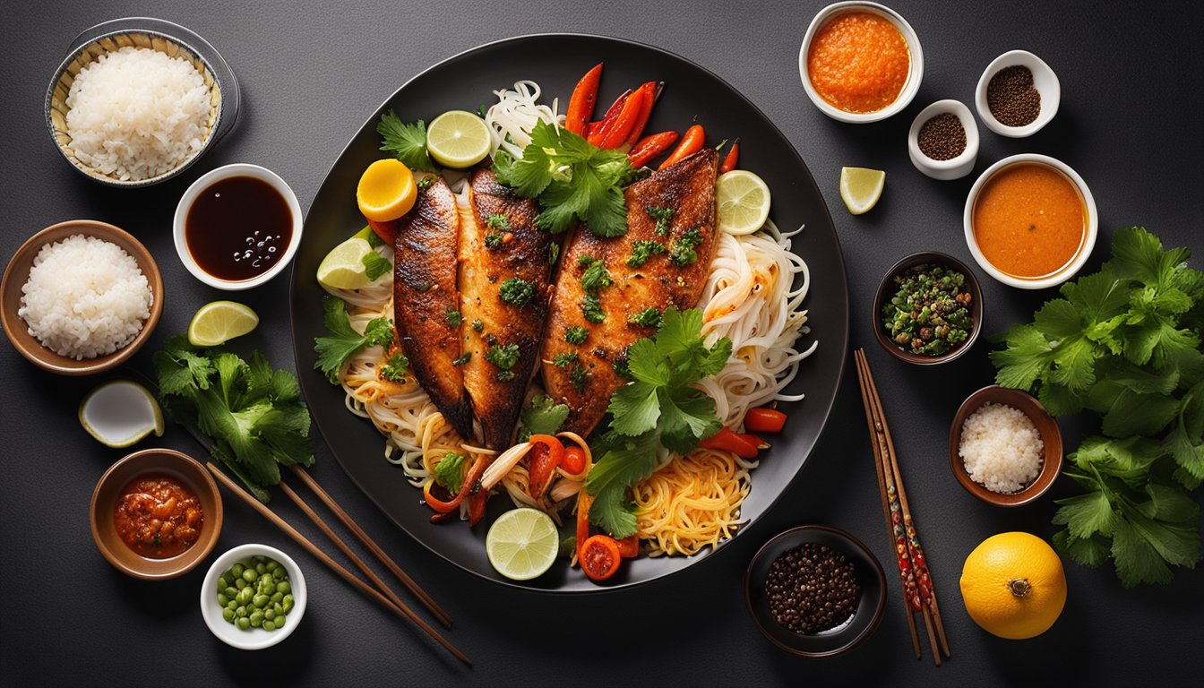 A table set with a steaming plate of spicy roast fish, surrounded by bowls of colorful ingredients and chopsticks
