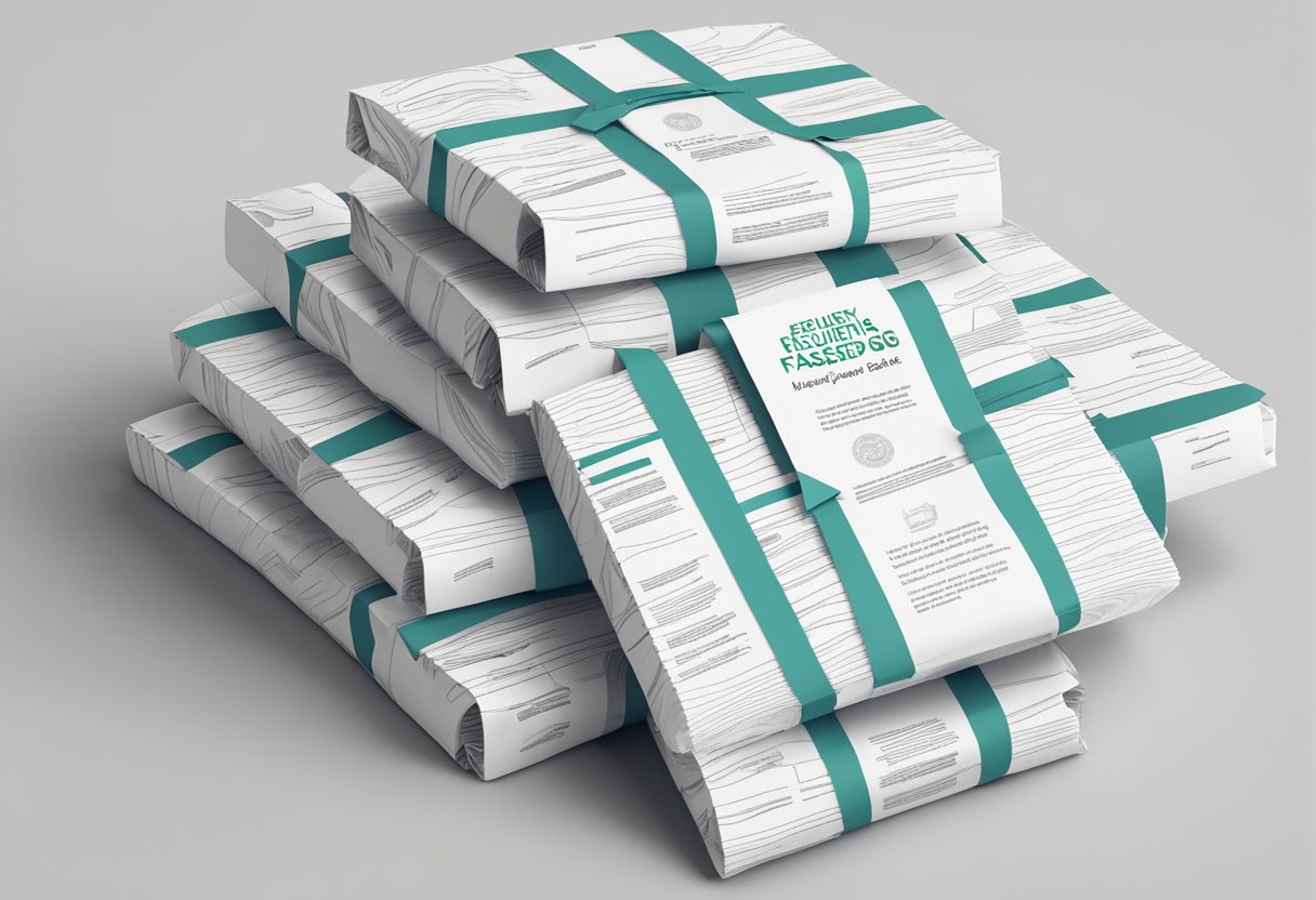 A stack of custom recycled shopping bags with "Frequently Asked Questions" printed on them, displayed on a clean, white background