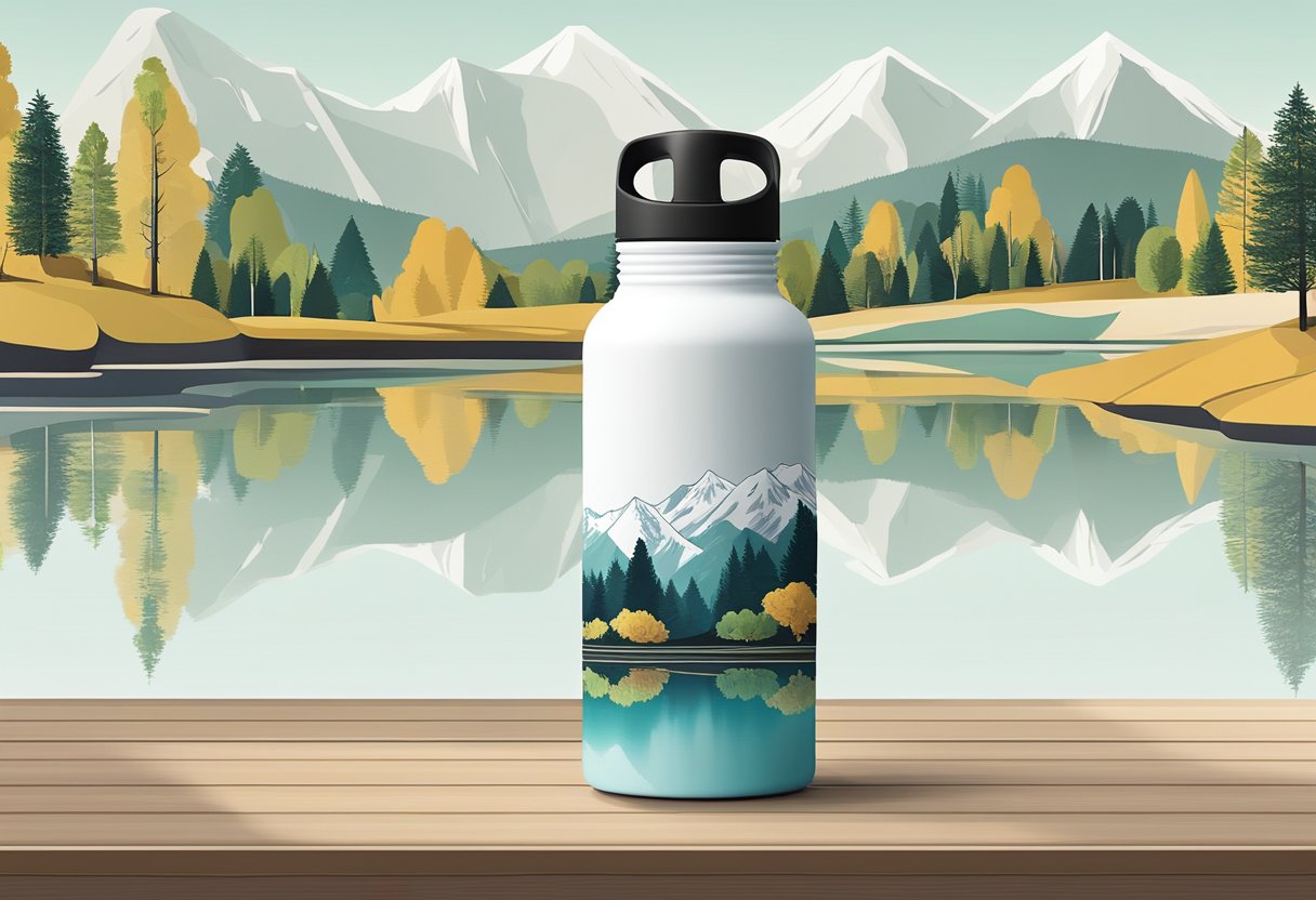A customized thermal bottle sits on a table, with a sleek and modern design. It is surrounded by various outdoor elements, such as trees and mountains, indicating its practical use for outdoor activities