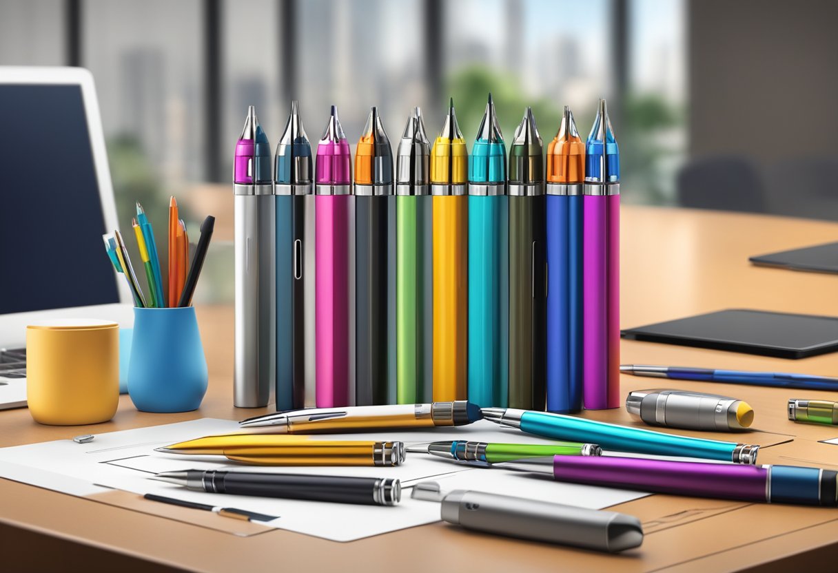 Pens of various colors and styles arranged on a sleek, modern desk with a company logo displayed prominently in the background
