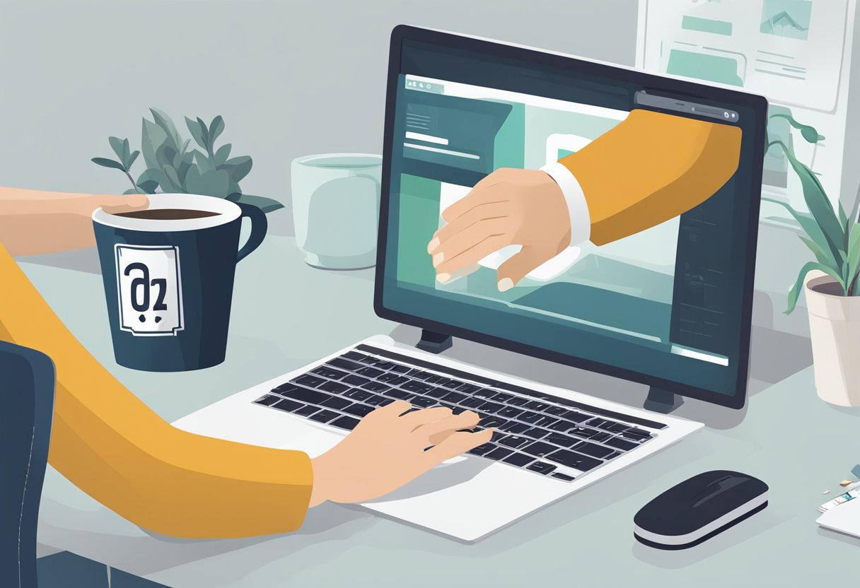 A hand reaches for a mug with "Frequently Asked Questions" printed on it, while a designer customizes the design on a computer screen