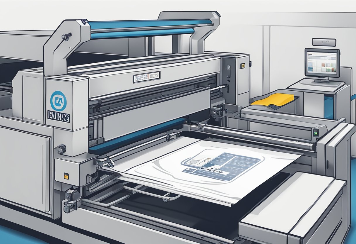 A non-woven bag being printed with a company logo and FAQ text using a screen printing machine