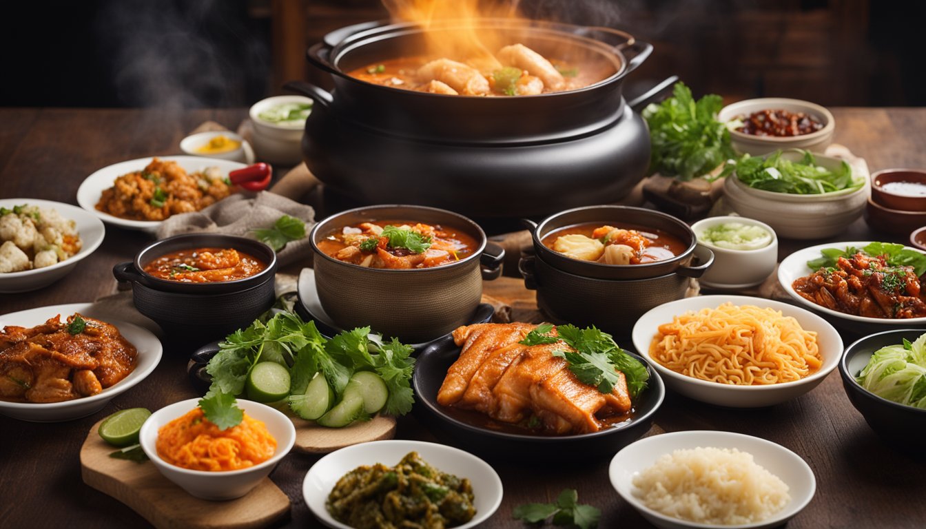 A table set with a steaming hot pot filled with spicy roast fish, surrounded by various side dishes and condiments