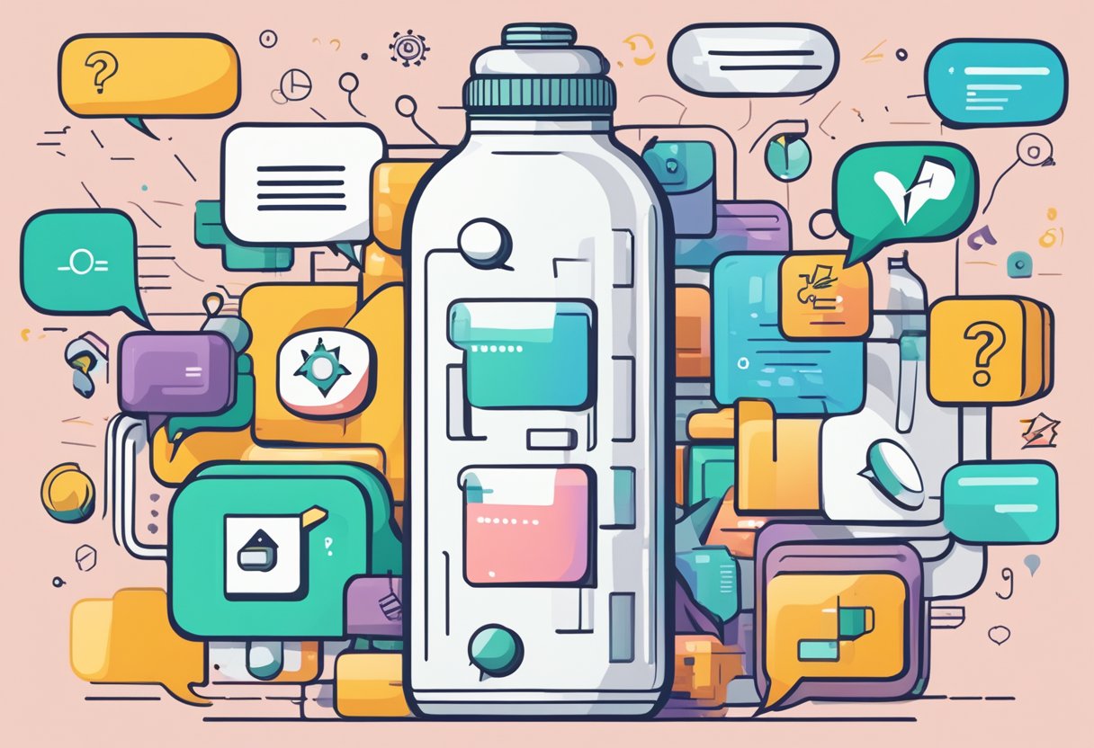 A customised thermal bottle surrounded by various frequently asked questions in speech bubbles