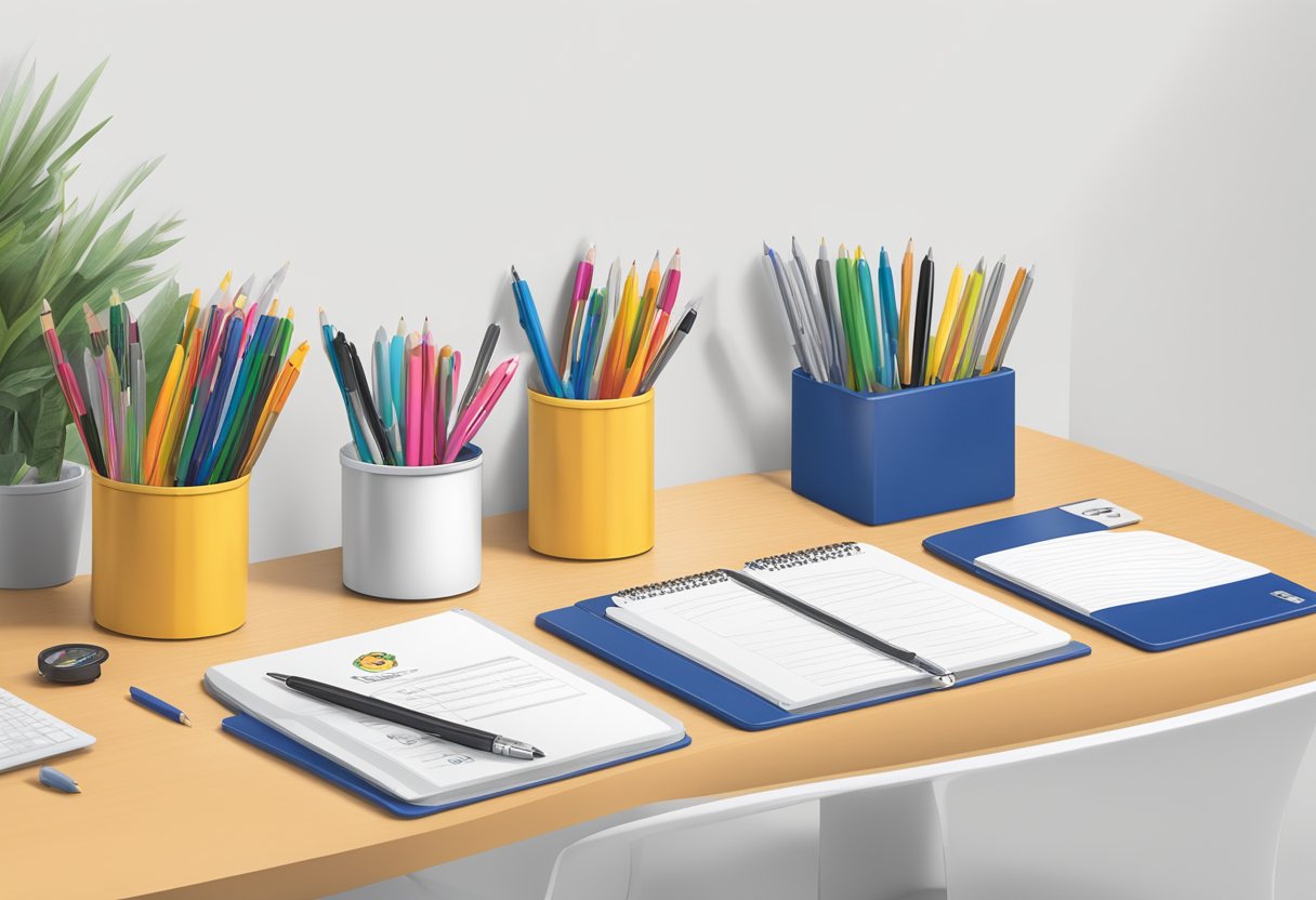 A desk with customised pens displayed, logo prominently featured