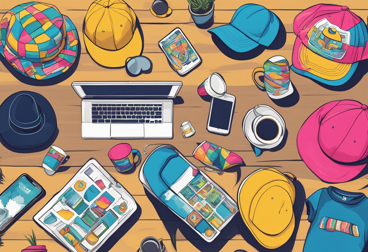 A table displaying various customisable merch items: mugs, t-shirts, phone cases, and hats. Bright colors and bold designs catch the eye