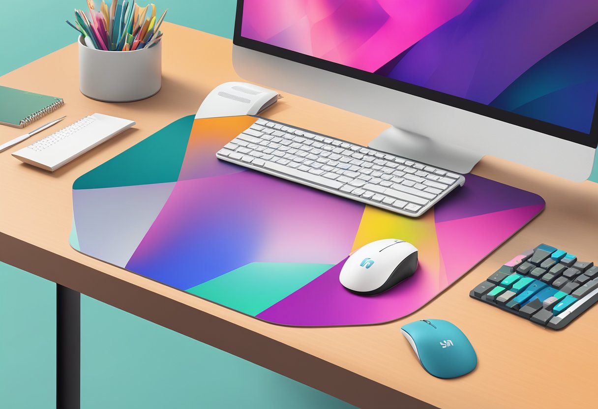 A customised mousepad with a colorful, abstract design sits on a sleek, modern desk, surrounded by a keyboard, monitor, and other office supplies