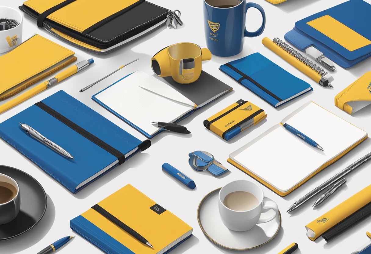 A table displaying various custom printed corporate gifts, such as branded pens, notebooks, and mugs, with a company logo prominently featured on each item