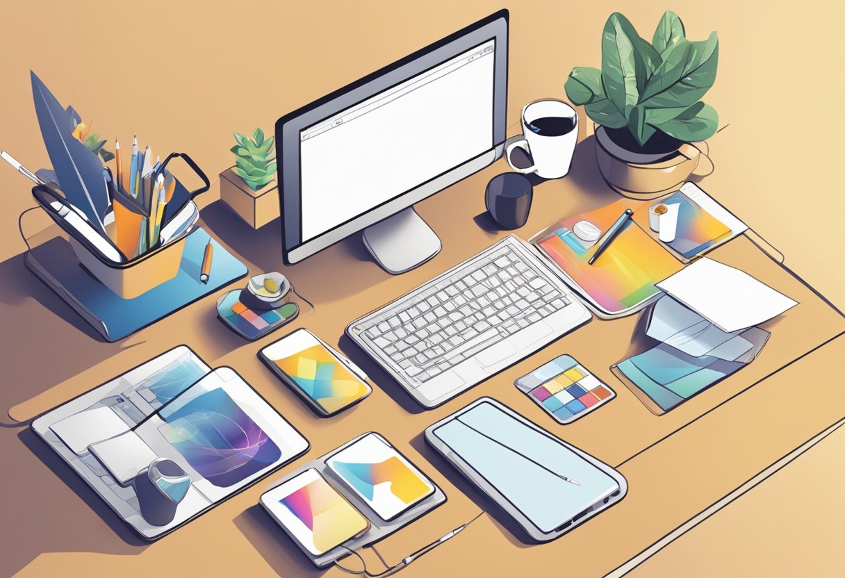 A table with various blank merchandise items such as mugs, t-shirts, and phone cases. A computer with design software is open, and a person's hand is using a stylus to create custom designs