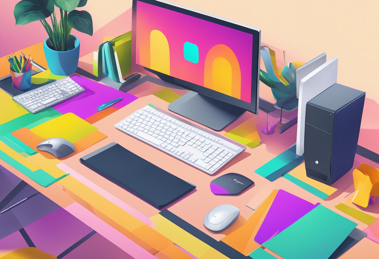 A desk with a custom mousepad featuring vibrant colors and personalized design, surrounded by a computer mouse and keyboard