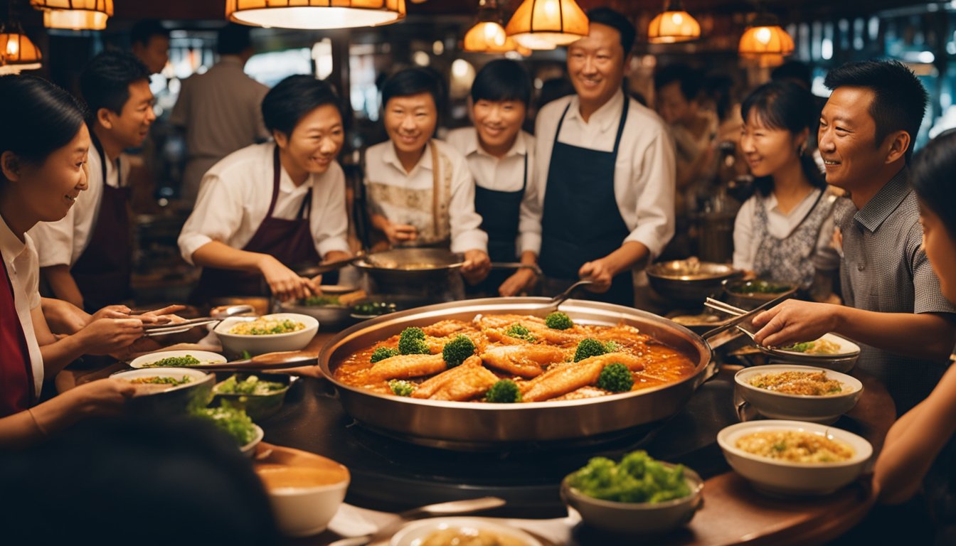A sizzling hot plate of spicy roast fish surrounded by curious onlookers at a bustling Ming Tang restaurant
