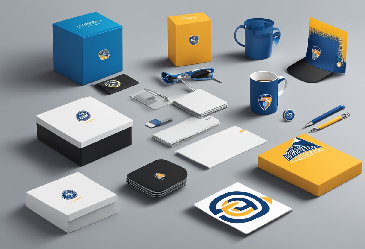 A group of branded corporate gifts displayed on a table with logos and custom designs
