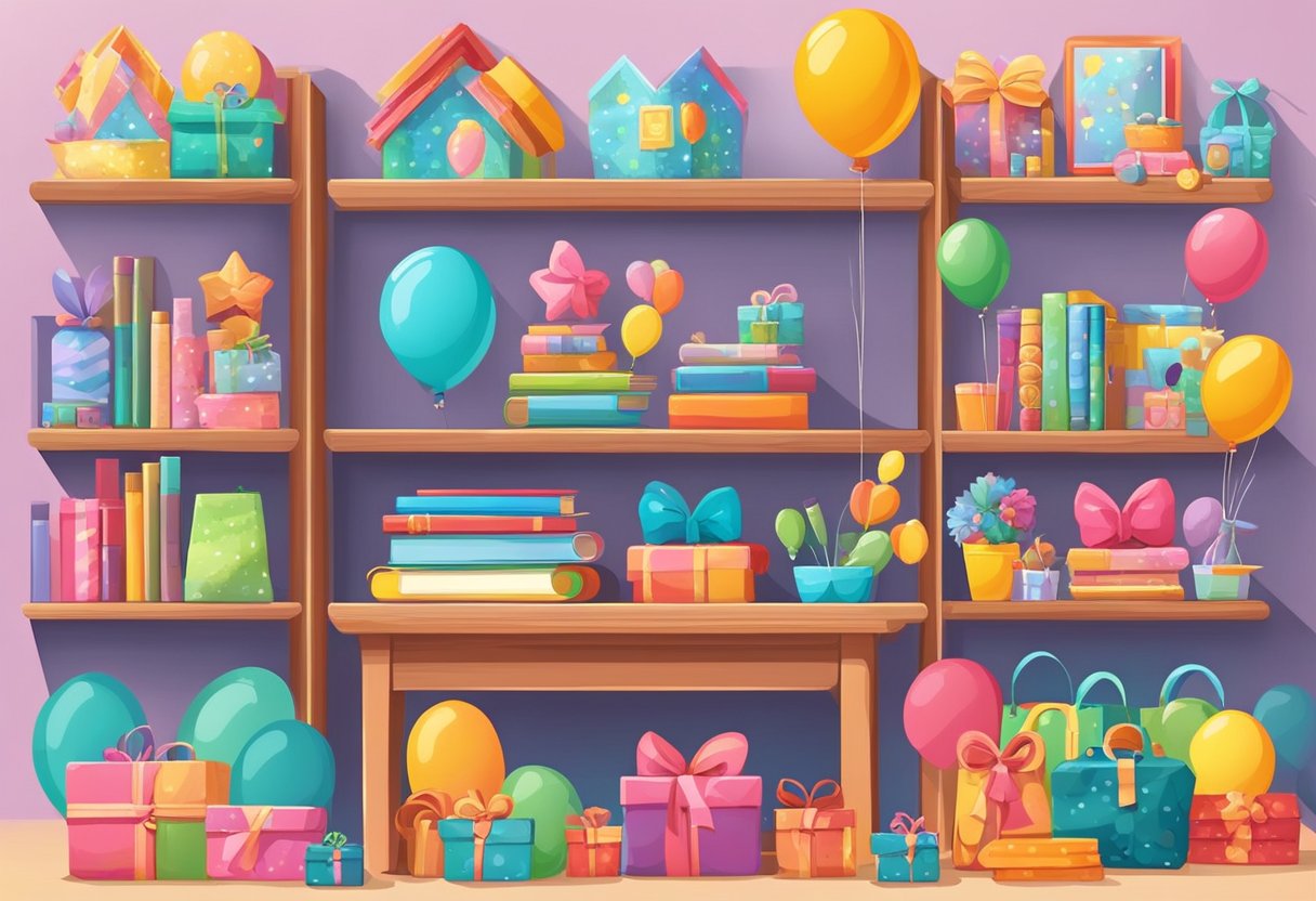 Children's day gifts displayed on colorful shelves, with personalized toys, books, and art supplies. Bright balloons and playful decorations add a festive touch