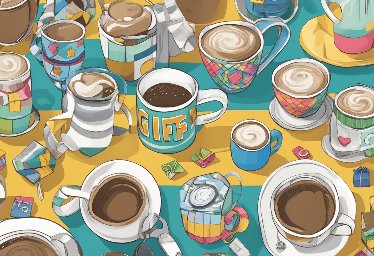 A table covered in personalized mugs, keychains, and photo frames. A banner reads "Customized Gifts" in bold letters