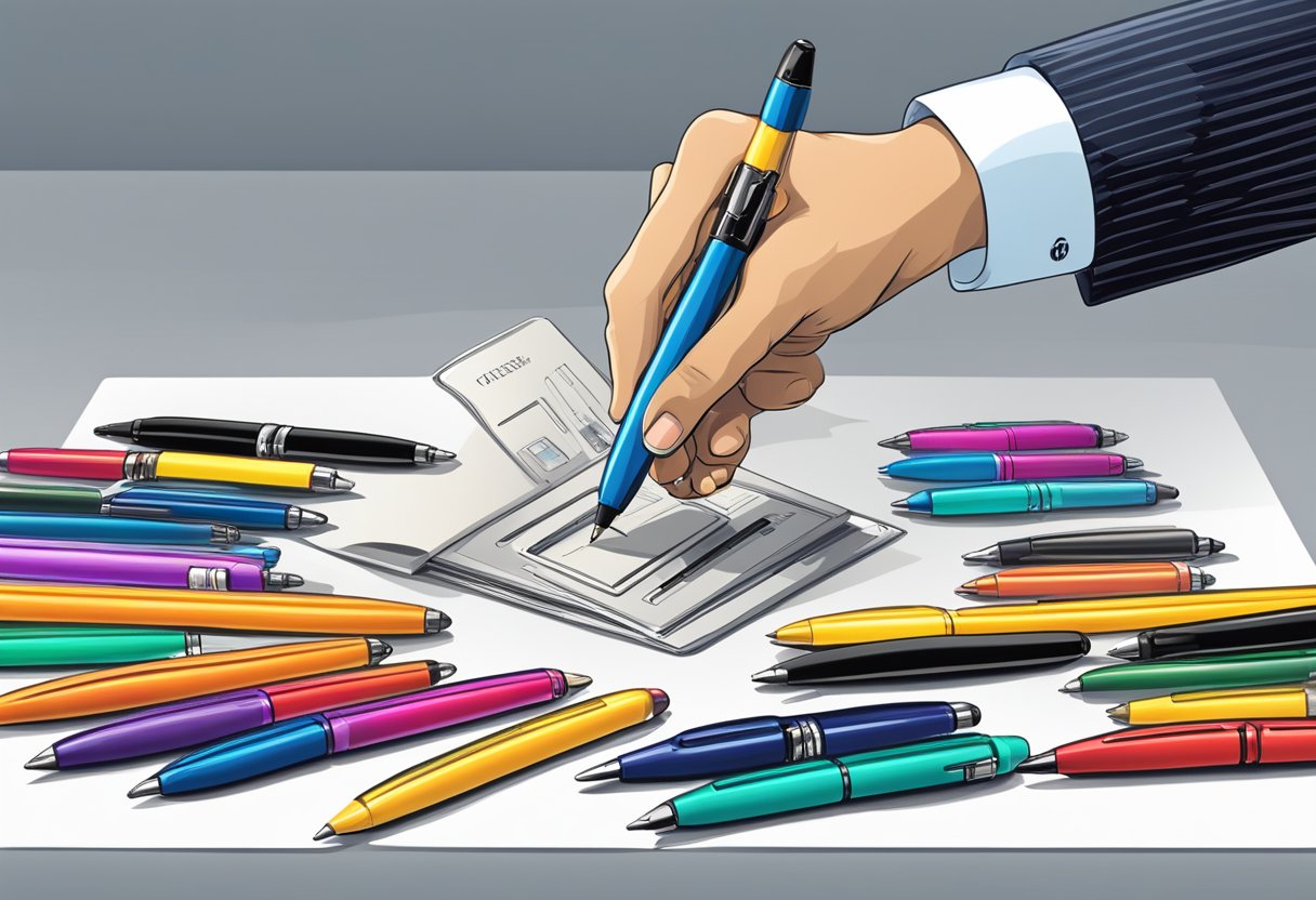A hand reaches for various pens, with a logo and business name in the background