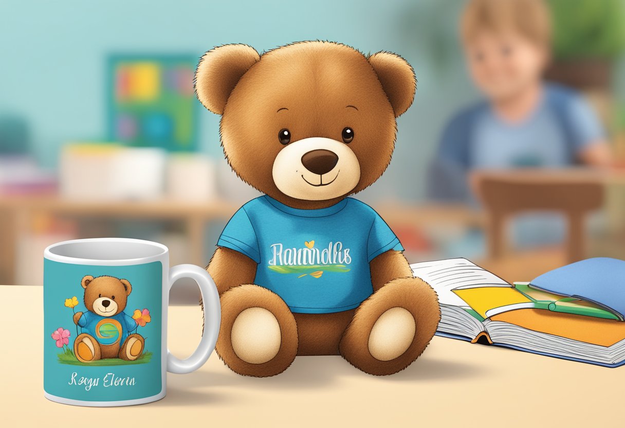 A child's name printed on a colorful mug, a personalized storybook, and a teddy bear with a custom t-shirt