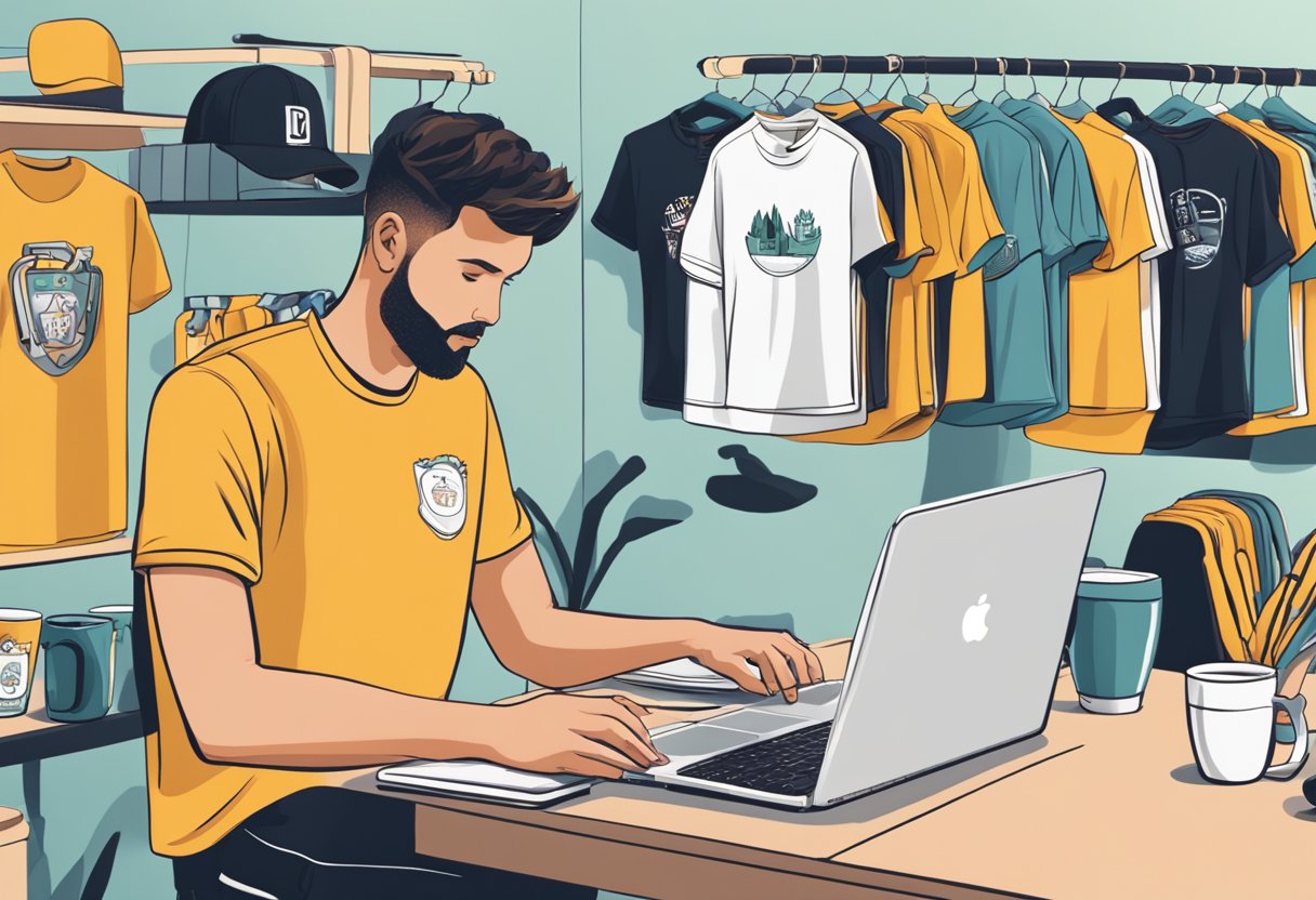 A table with various customisable merch items displayed, including t-shirts, mugs, and phone cases. A laptop showing design options and a customer making a purchase
