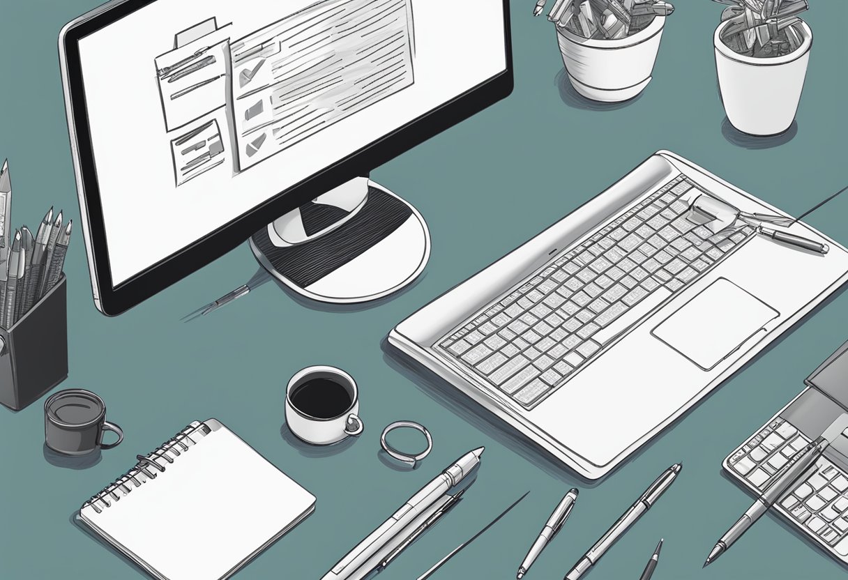 A table with various pens and a computer displaying "Frequently Asked Questions customize pens for business" on the screen