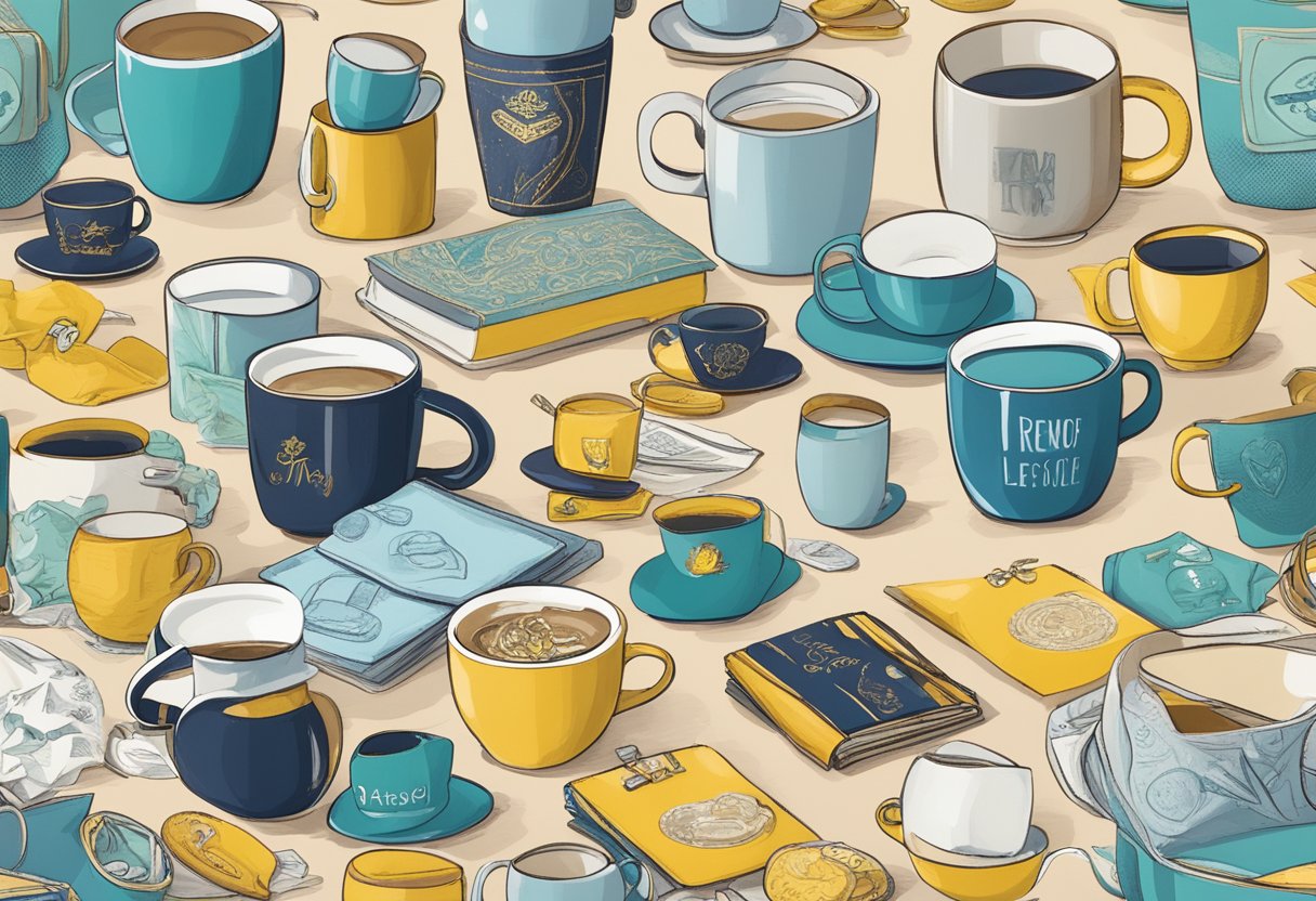 Various customised gifts arranged on a table: mugs with personalized messages, engraved jewelry, and custom-printed t-shirts