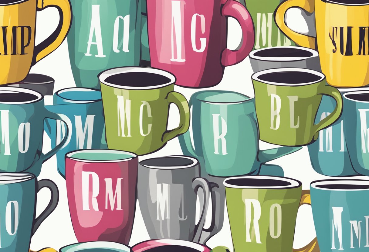 Colorful mugs lined up, each with a different name printed in bold letters
