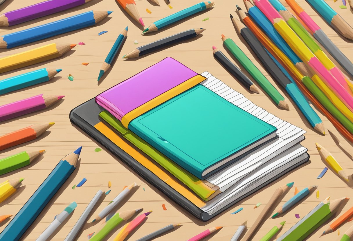 An open notebook with custom pages lies on a wooden desk, surrounded by scattered pencils and eraser shavings