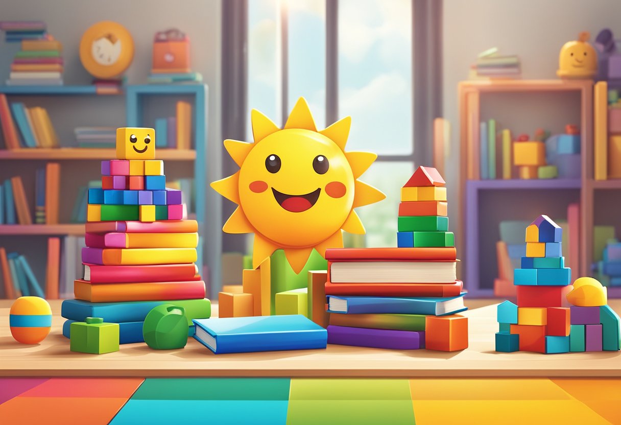 Colorful toys and books arranged on a table, with a happy, smiling sun and a stack of building blocks in the background
