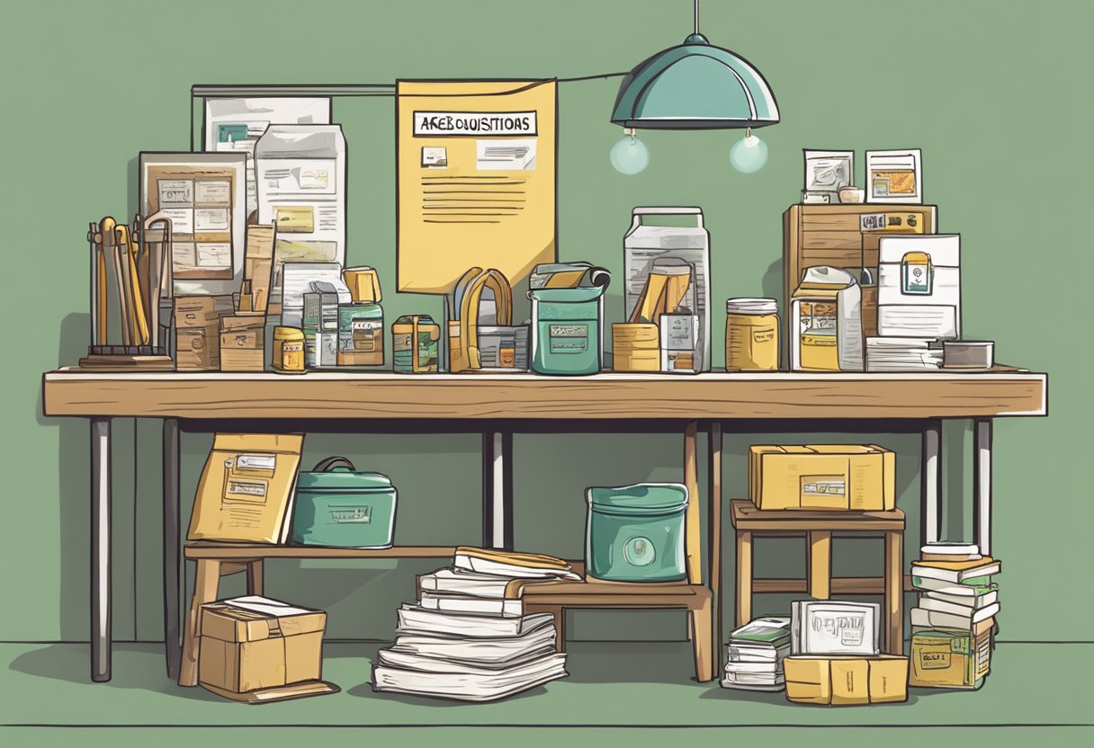 A table with various merchandise items and a sign reading "Frequently Asked Questions" displayed prominently