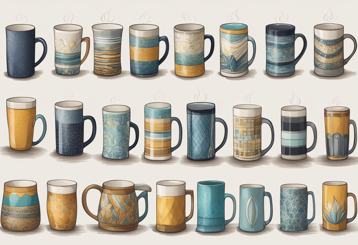 Various mugs: ceramic, glass, metal. Each with name printed on