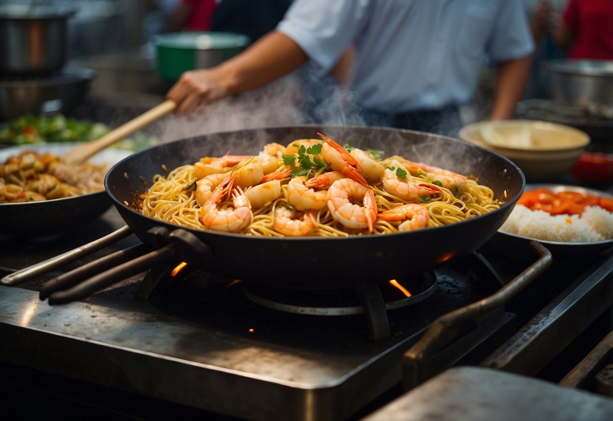 A wok sizzles with prawns, squid, and fish, stir-frying with noodles, garlic, chili, and soy sauce in a bustling Singaporean hawker center