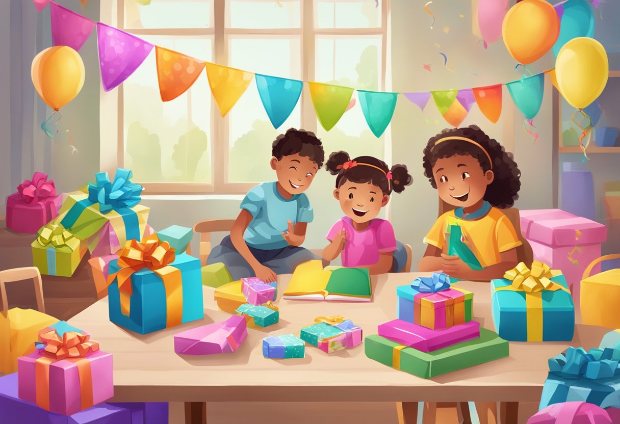 A table with colorful, personalized gifts for children. A banner reads "Frequently Asked Questions customised children's day gifts."