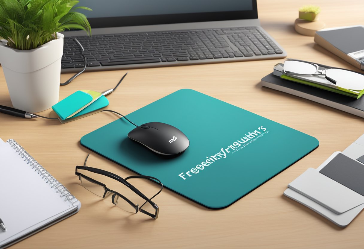 A computer mousepad with "Frequently Asked Questions" text and custom design, placed on a desk with a computer and office supplies