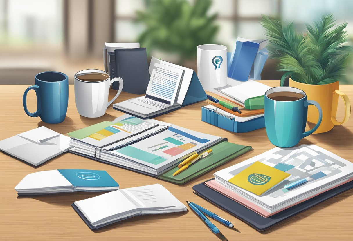 A table with various corporate gifts on display, including mugs, notebooks, and pens. A sign reads "Frequently Asked Questions about custom printed gifts."