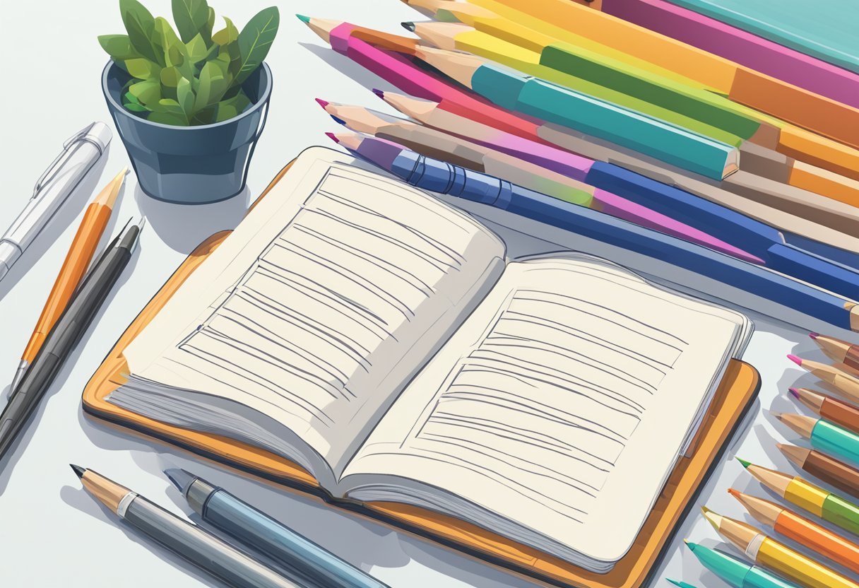 A notebook with custom pages lies open on a desk, surrounded by pens and pencils. The cover features the words "Practical Uses and Considerations."