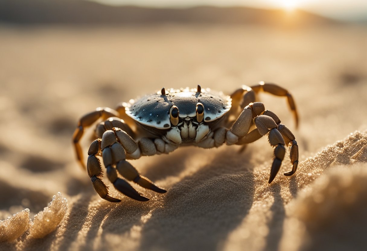 A mini crab scuttles across the sandy shore, its tiny claws clicking as it moves. The sun glints off its shiny shell as it searches for food
