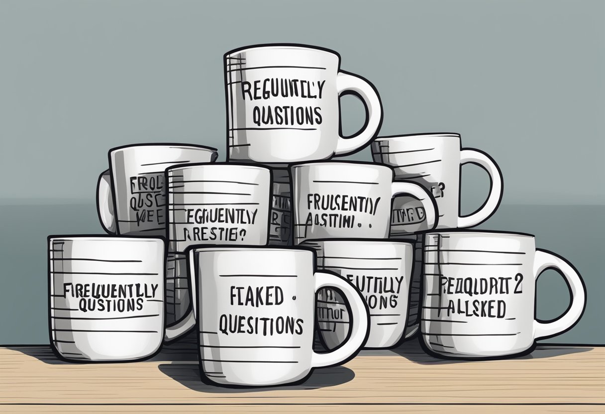 A stack of mugs with "Frequently Asked Questions" printed on them