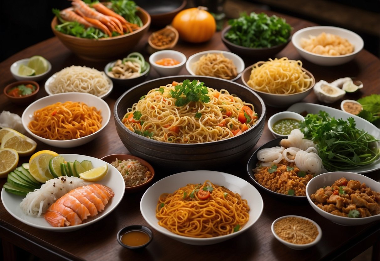 A table with a variety of fresh seafood, noodles, vegetables, and spices laid out for a mie goreng seafood Singapore recipe