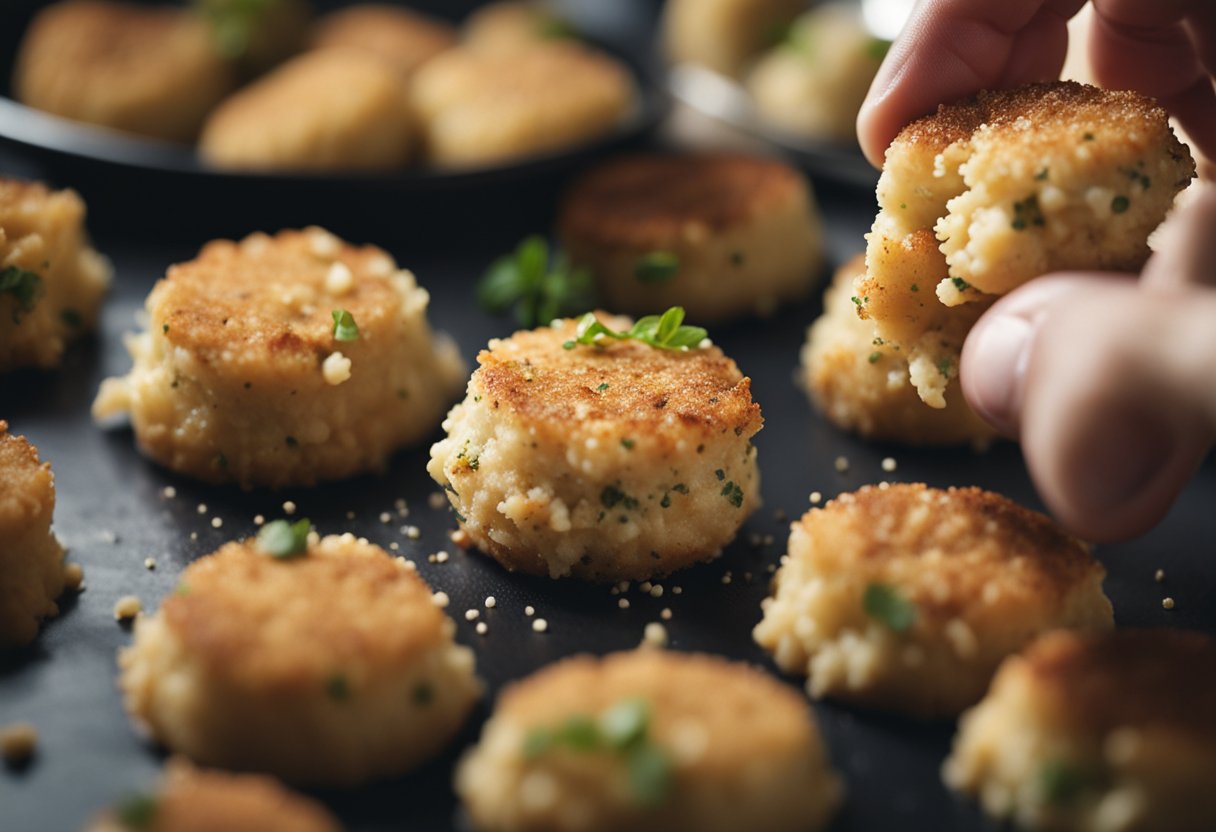 Mini crab cakes being formed by hands, breadcrumbs sprinkled on top, ingredients scattered around