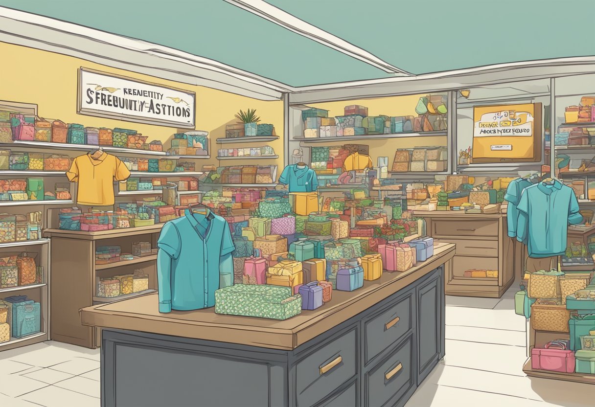 A table with various customised gifts and a sign reading "Frequently Asked Questions" displayed in a busy store