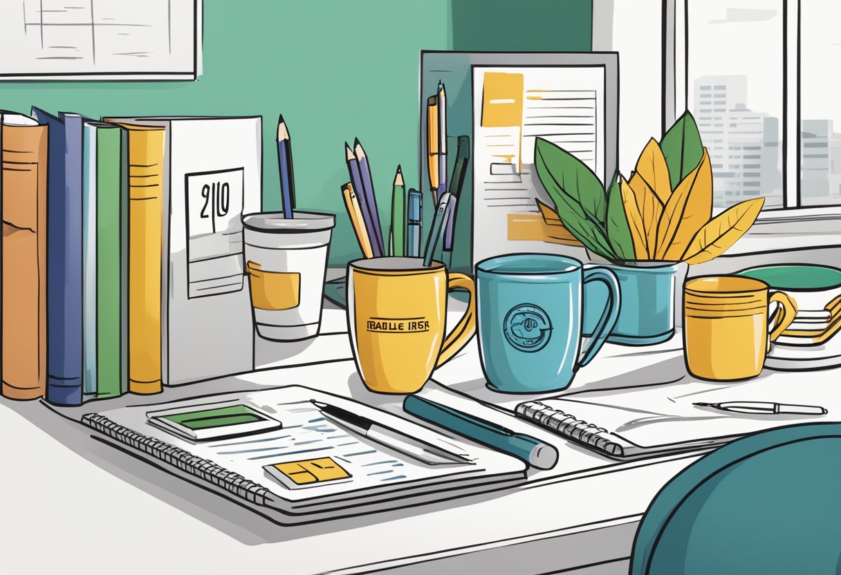 A table displays corporate gifts under $10, including mugs, pens, and notebooks. A sign reads "Corporate Gifts $10"