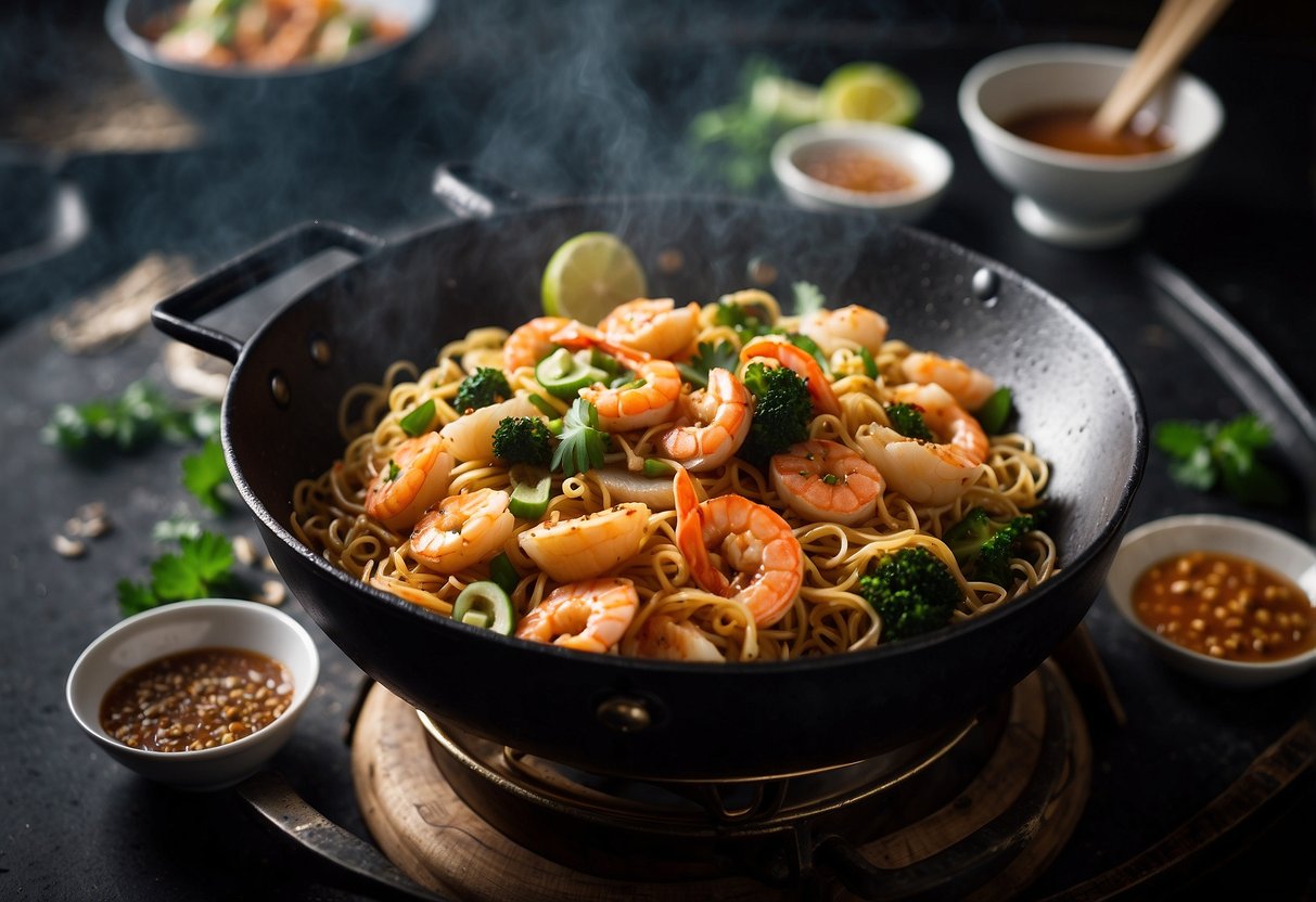 A wok sizzles with seafood, noodles, and aromatic spices as they are stir-fried together in the Singaporean mie goreng recipe