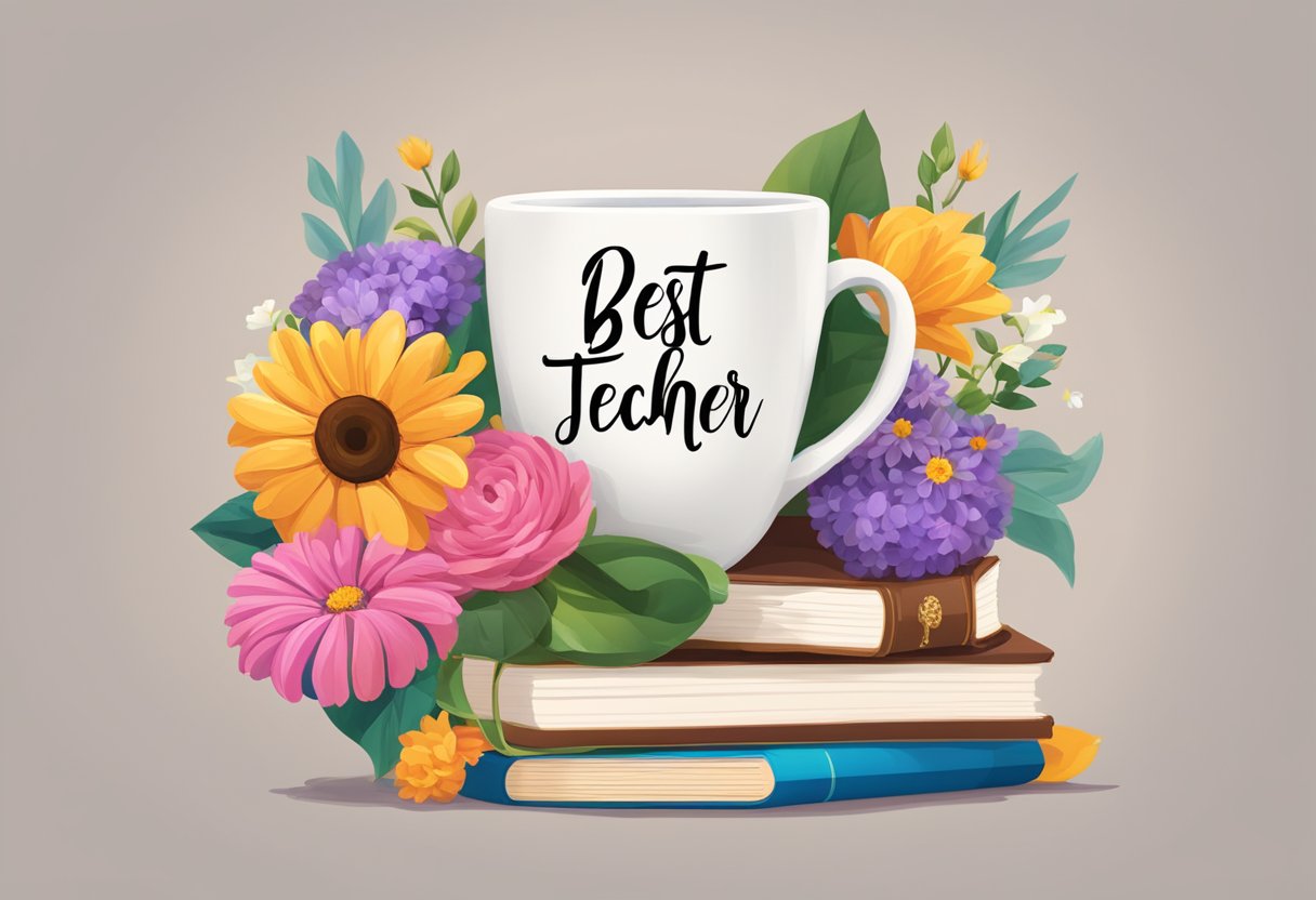 A personalized mug with "Best Teacher" written on it, surrounded by colorful flowers and a stack of books
