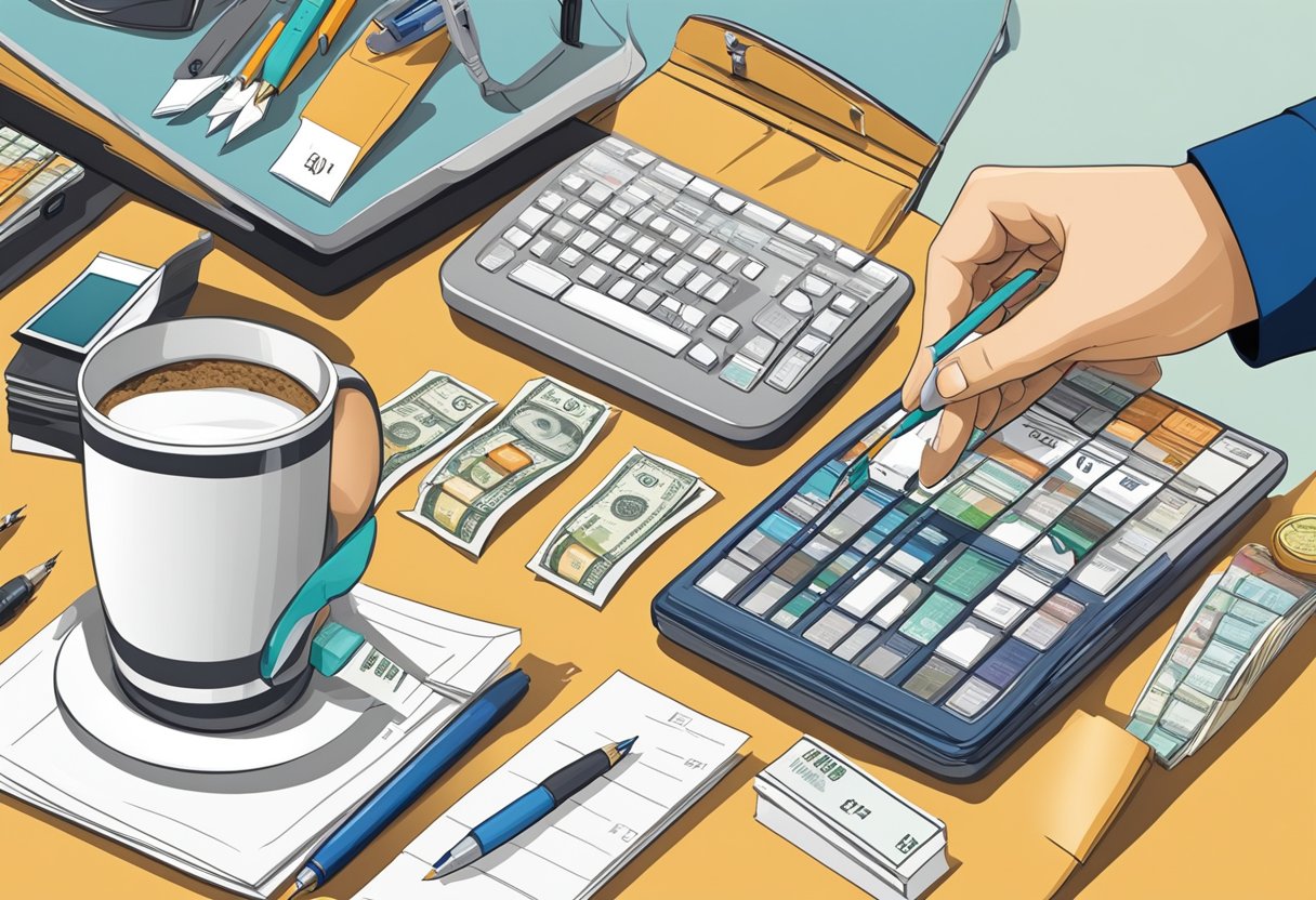 A hand reaches for a display of various items, each labeled with a price tag of 10 dollars or less. The items range from mugs and pens to small desk accessories