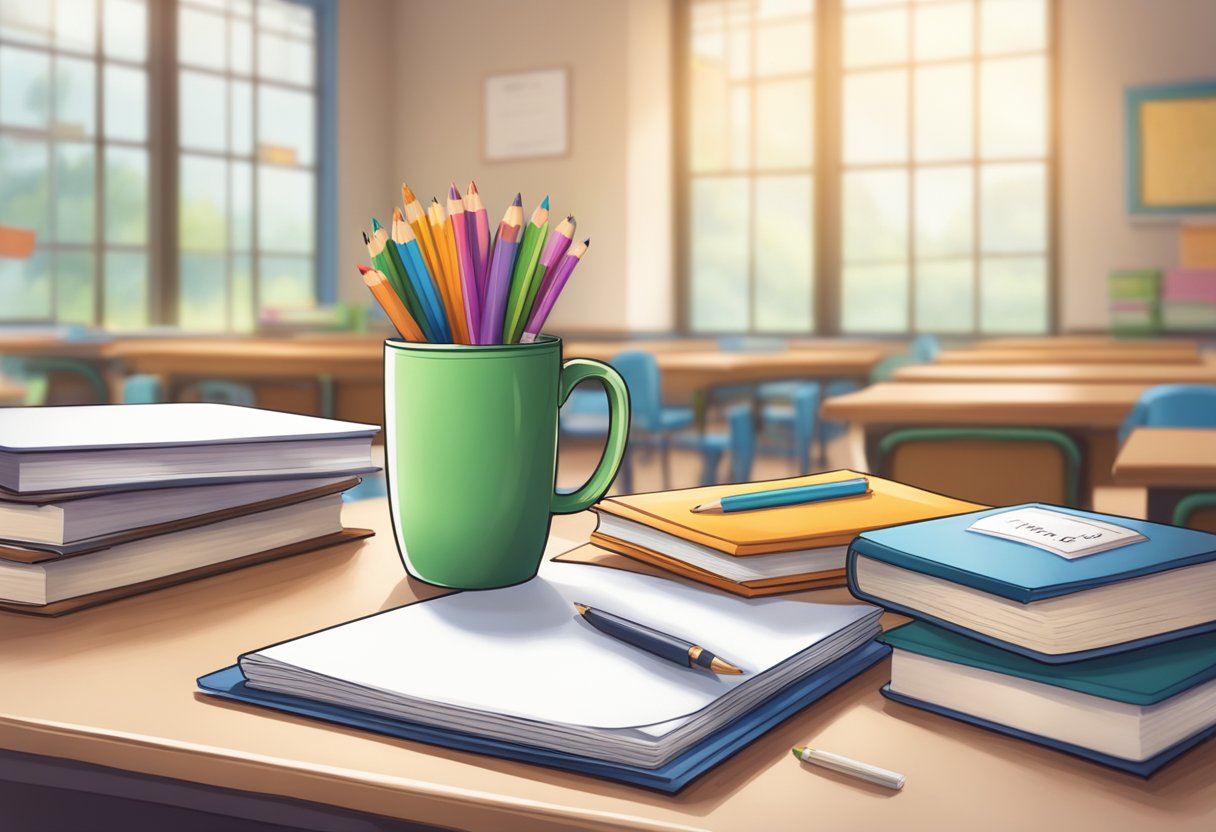 A classroom desk adorned with a customised mug, a stack of books, and a thank you card for Teachers' Day